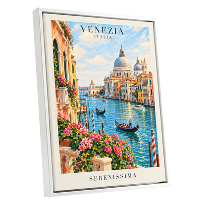 Venetian Sunlit Serenade, blue, pink, orange abstract wall art shown as a white framed canvas wall art