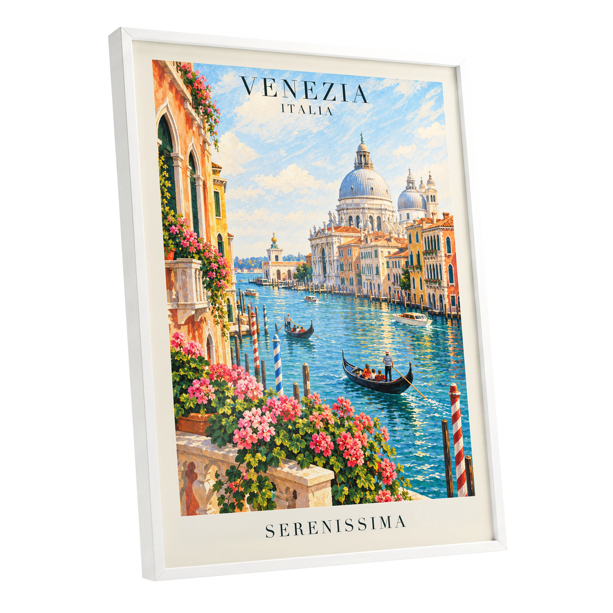 Venetian Sunlit Serenade, blue, pink, orange abstract wall art shown as a white framed poster wall art print