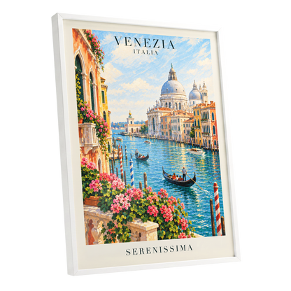 Venetian Sunlit Serenade, blue, pink, orange abstract wall art shown as a white framed poster wall art print