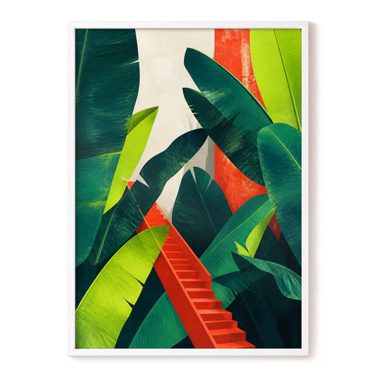 Verdant Ascent, green, red, beige nature wall art, front artwork view