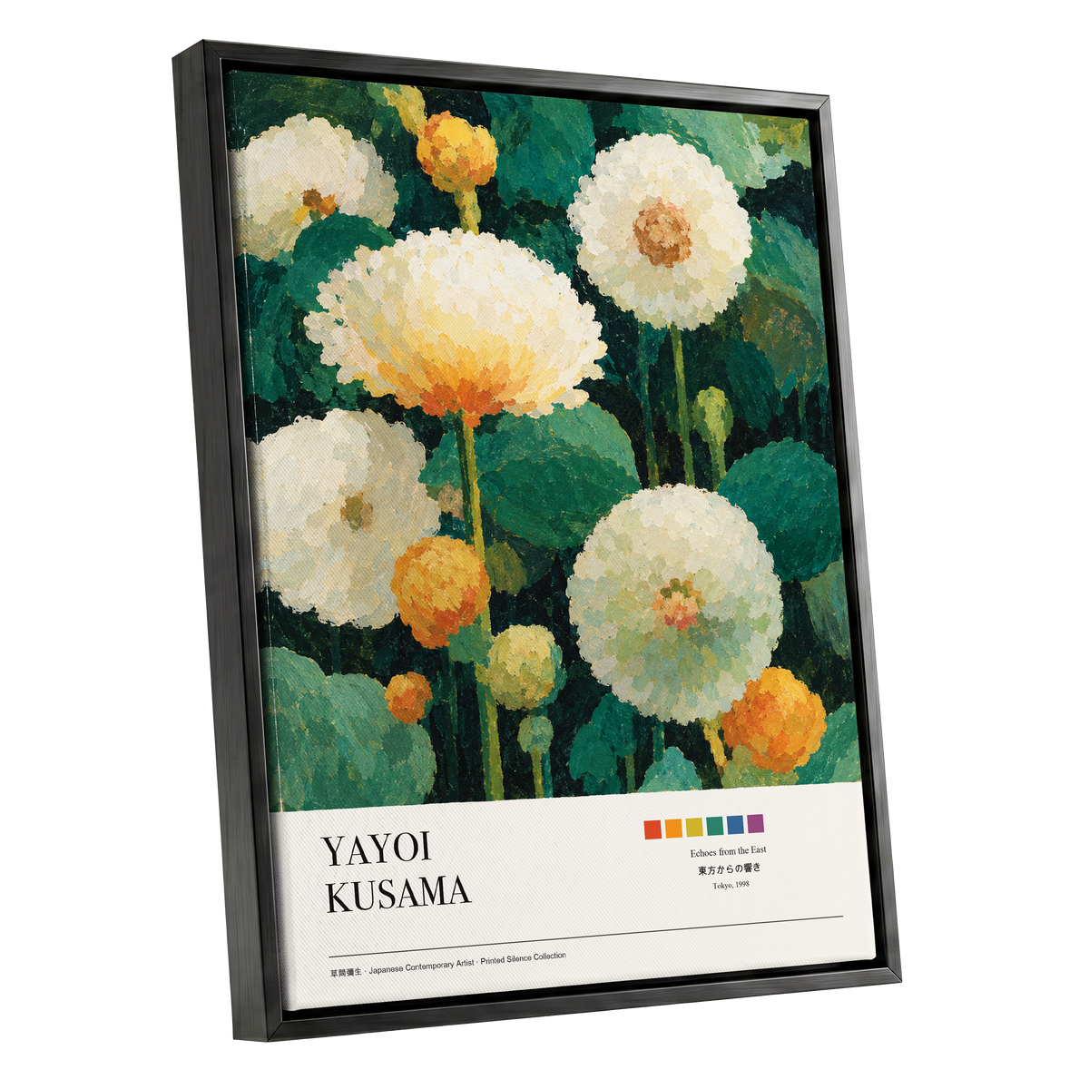 Verdant Bloom Reverie, green, white, orange floral wall art shown as a black framed canvas wall art