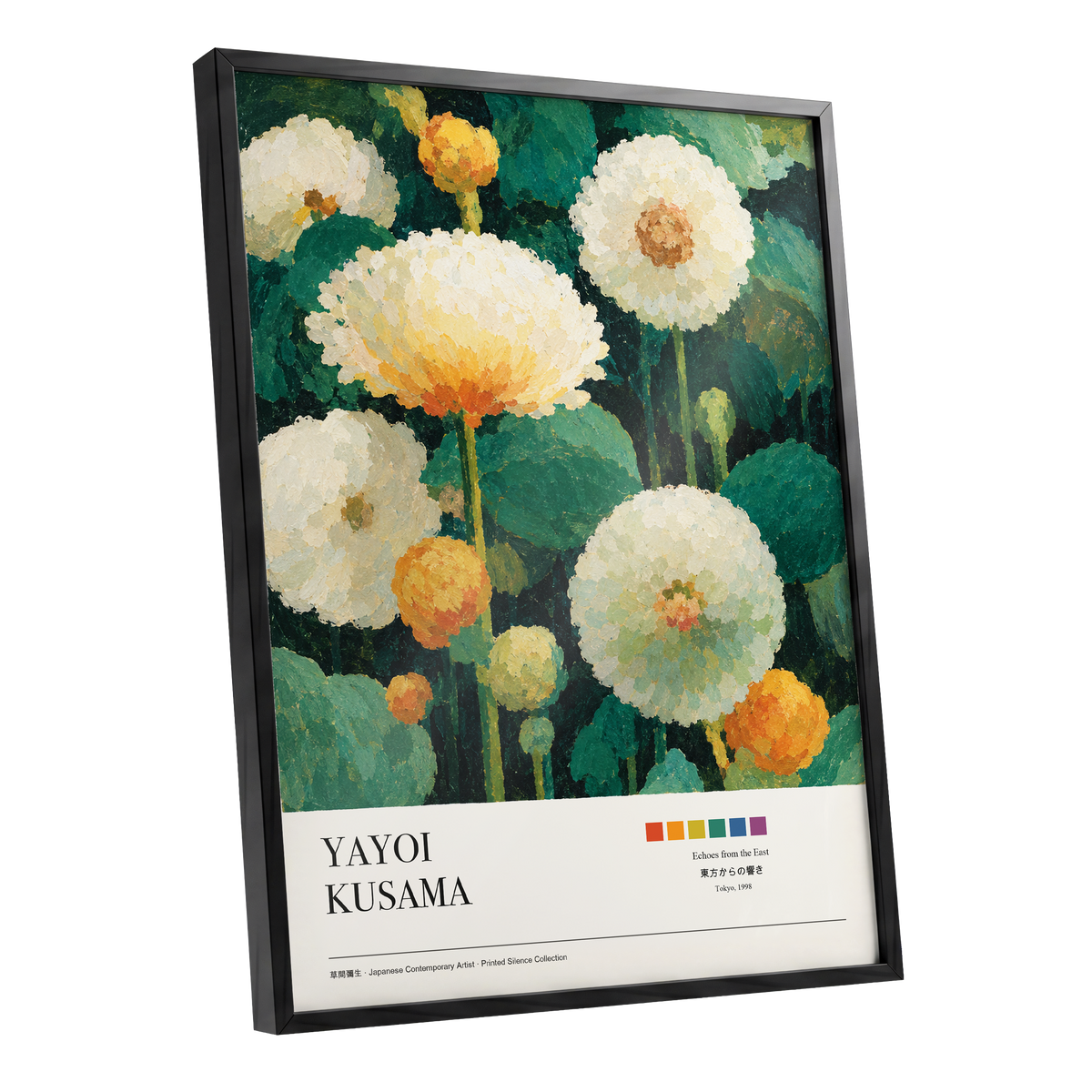 Verdant Bloom Reverie, green, white, orange floral wall art shown as a black framed poster wall art print