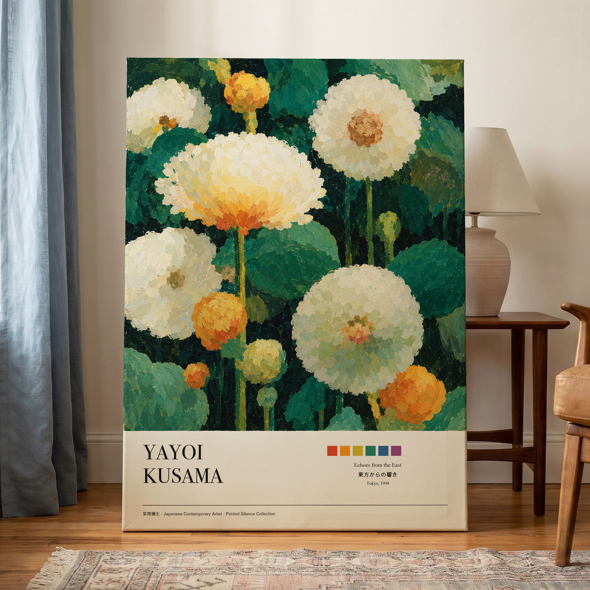 Verdant Bloom Reverie, green, white, orange floral wall art on canvas displayed in a styled interior, gallery view 1