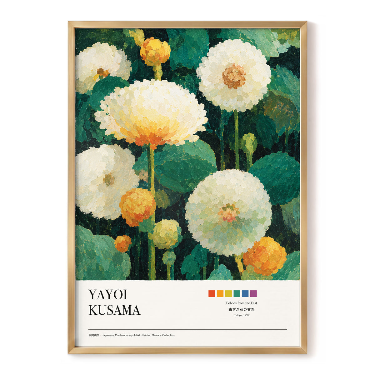 Verdant Bloom Reverie, green, white, orange floral wall art, front artwork view