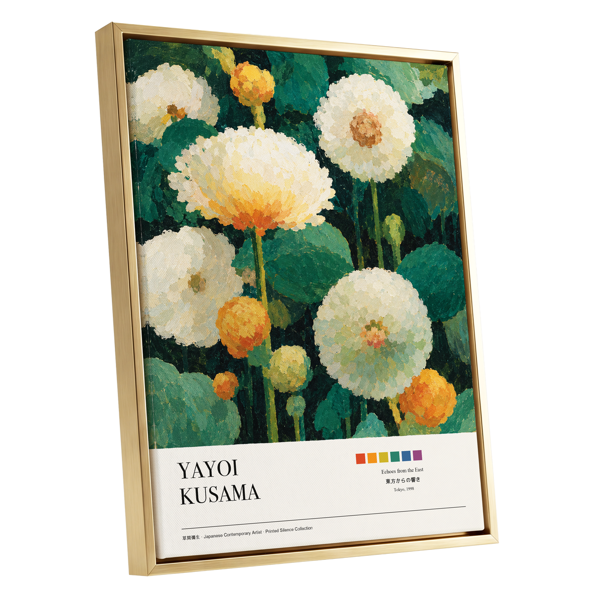 Verdant Bloom Reverie, green, white, orange floral wall art shown as a gold framed canvas wall art