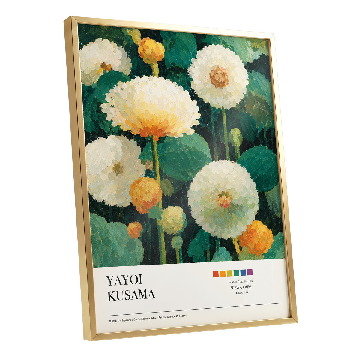 Verdant Bloom Reverie, green, white, orange floral wall art shown as a gold framed poster wall art print