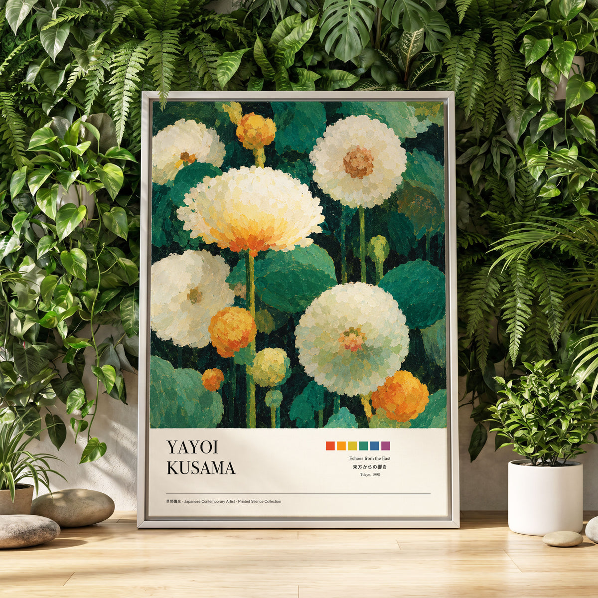 Verdant Bloom Reverie, green, white, orange floral wall art displayed in a styled interior, gallery view 1