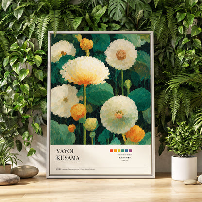 Verdant Bloom Reverie, green, white, orange floral wall art displayed in a styled interior, gallery view 1