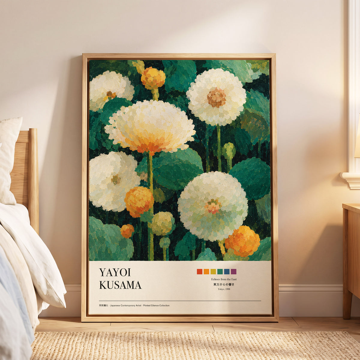 Verdant Bloom Reverie, green, white, orange floral wall art displayed in a styled interior, gallery view 6