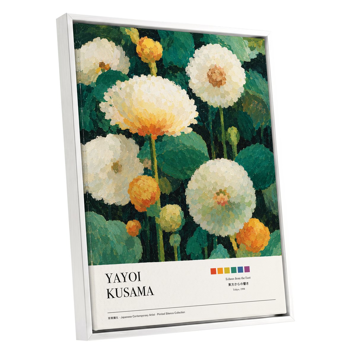Verdant Bloom Reverie, green, white, orange floral wall art shown as a white framed canvas wall art