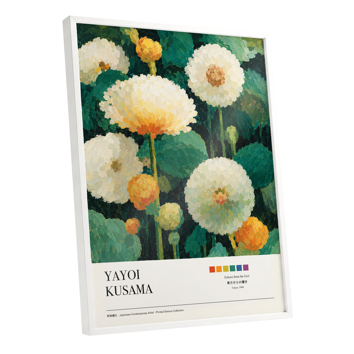 Verdant Bloom Reverie, green, white, orange floral wall art shown as a white framed poster wall art print