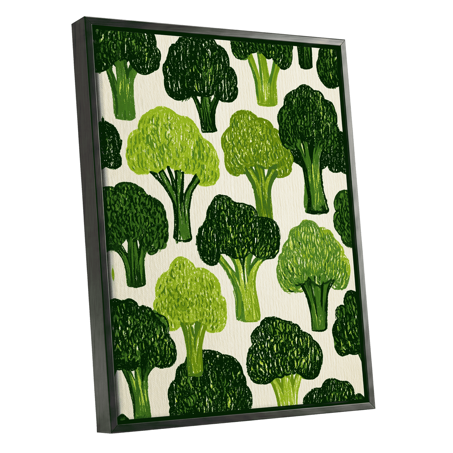 Verdant Brassica Pattern, green, beige, white nature wall art shown as a black framed canvas wall art