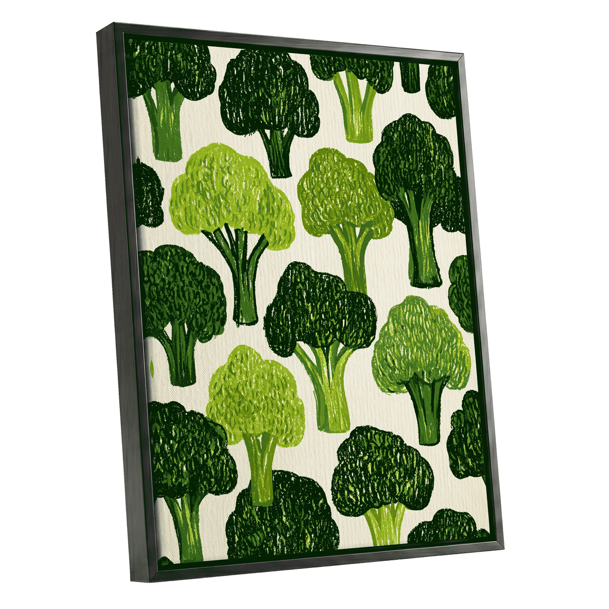 Verdant Brassica Pattern, green, beige, white nature wall art shown as a black framed canvas wall art