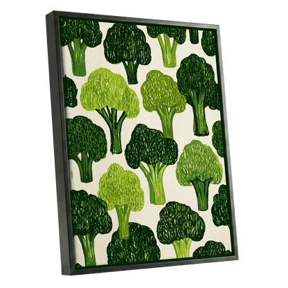Verdant Brassica Pattern, green, beige, white nature wall art shown as a black framed canvas wall art