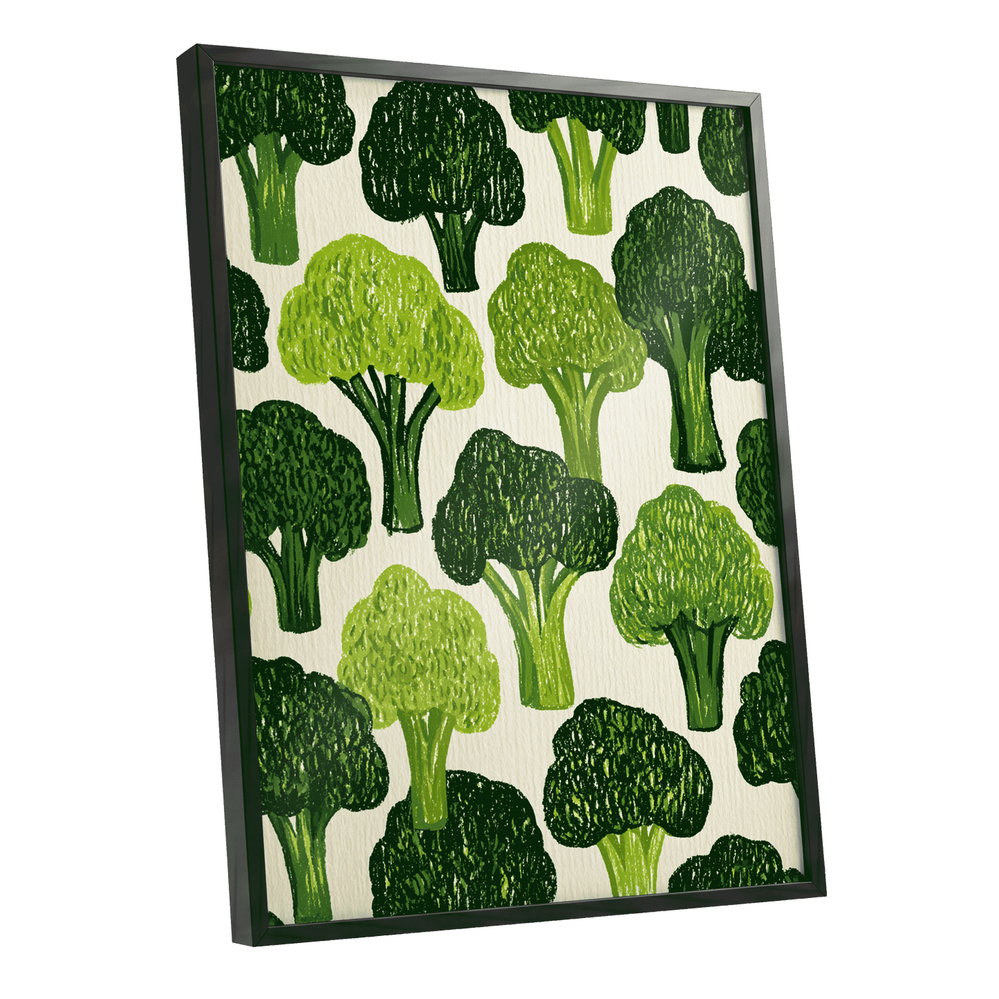 Verdant Brassica Pattern, green, beige, white nature wall art shown as a black framed poster wall art print