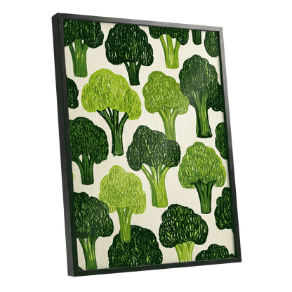 Verdant Brassica Pattern, green, beige, white nature wall art shown as a black framed poster wall art print