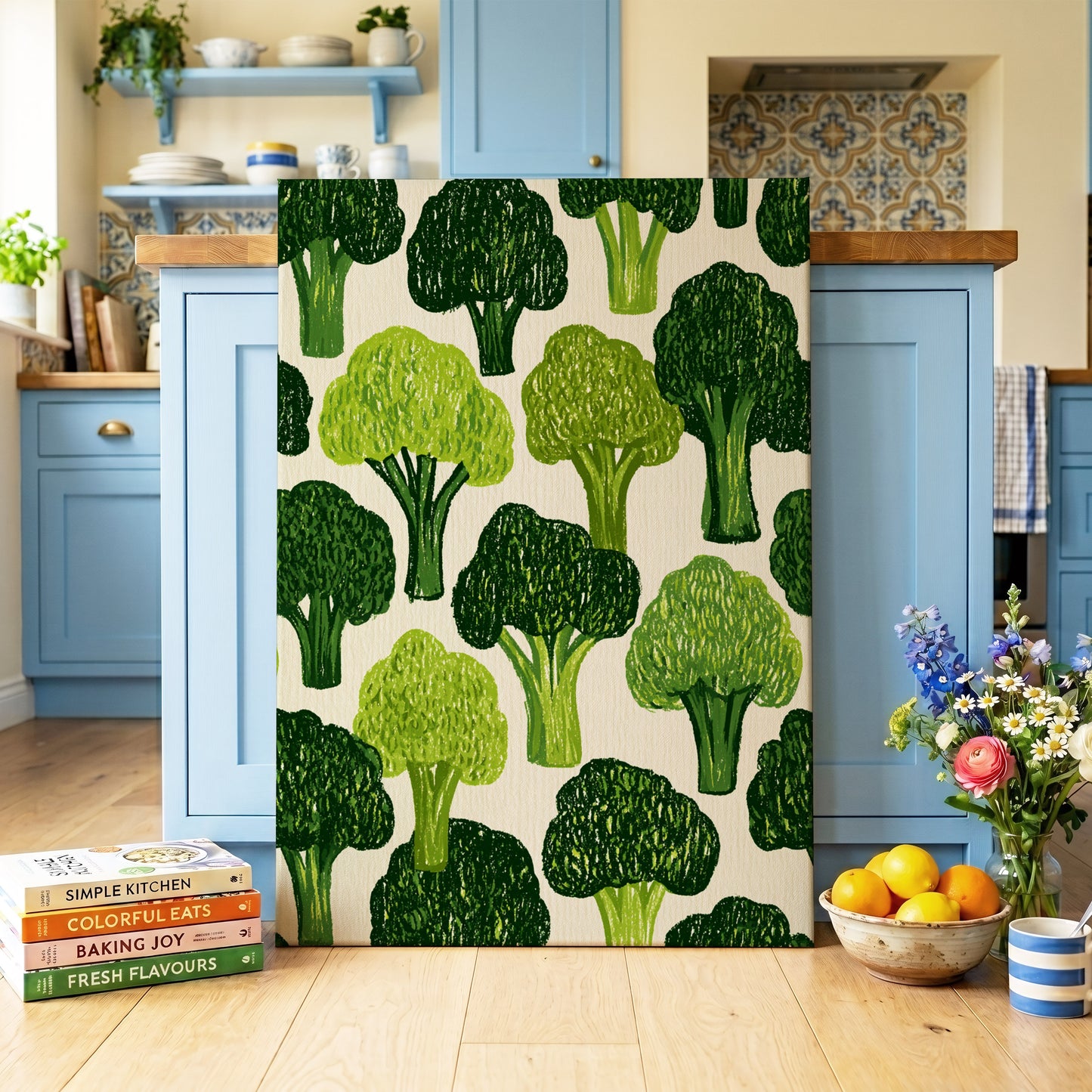 Verdant Brassica Pattern, green, beige, white nature wall art on canvas displayed in a styled interior, gallery view 2