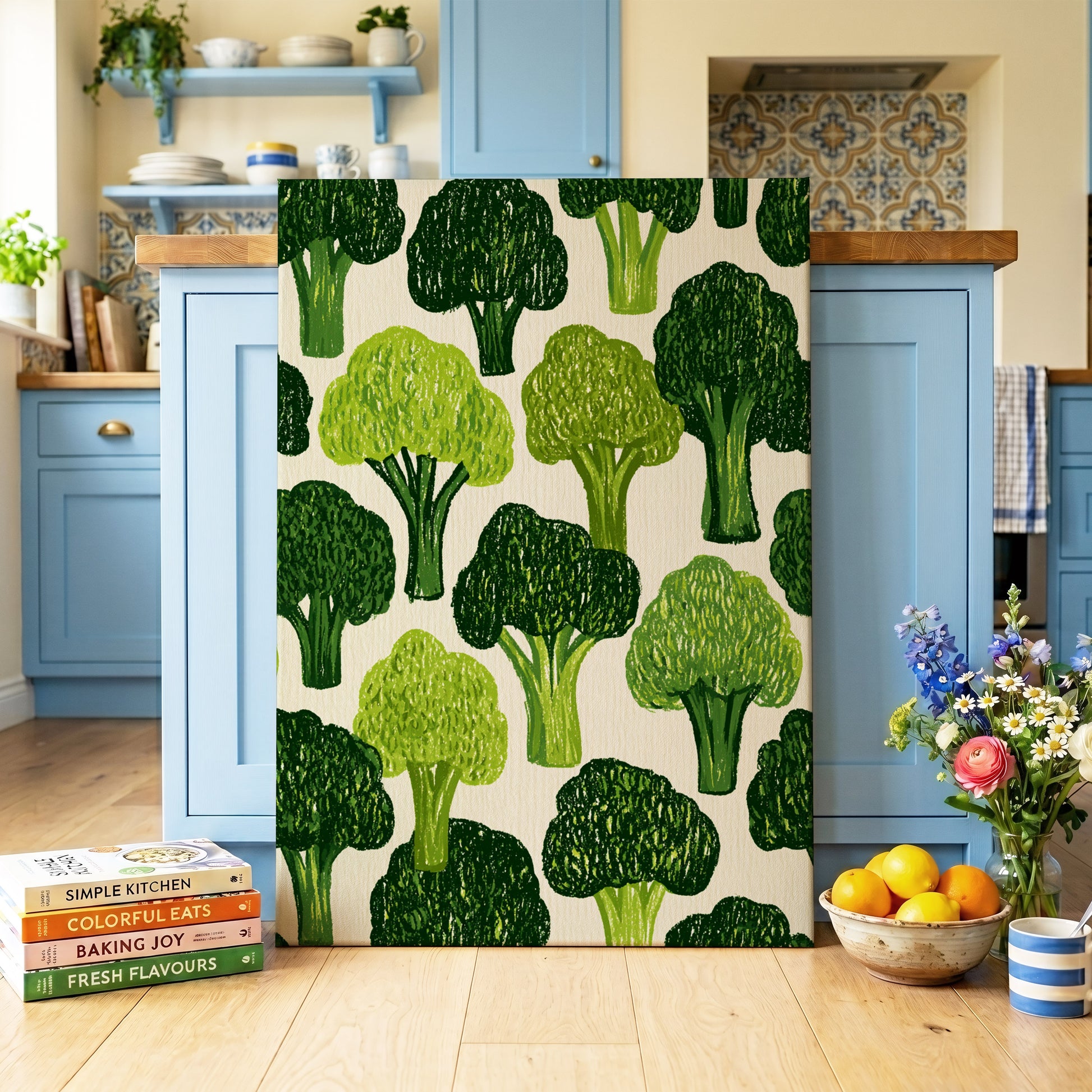 Verdant Brassica Pattern, green, beige, white nature wall art on canvas displayed in a styled interior, gallery view 2