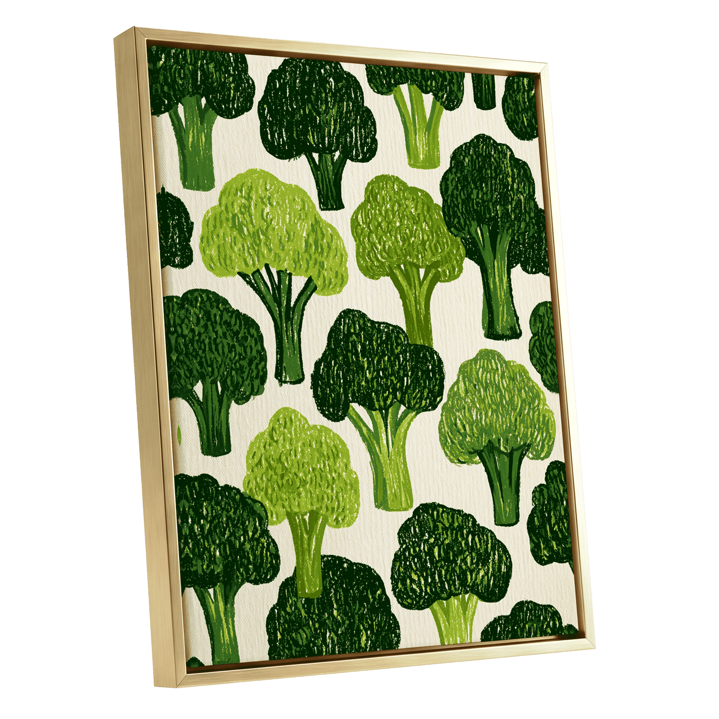 Verdant Brassica Pattern, green, beige, white nature wall art shown as a gold framed canvas wall art