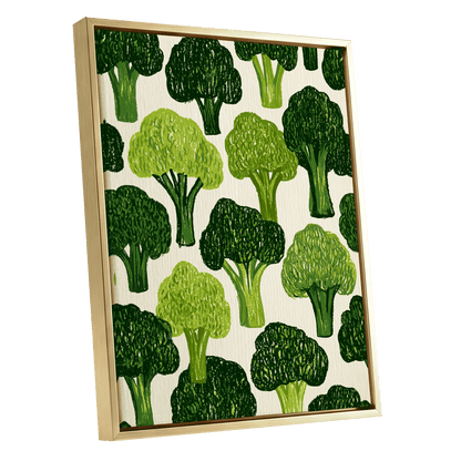 Verdant Brassica Pattern, green, beige, white nature wall art shown as a gold framed canvas wall art