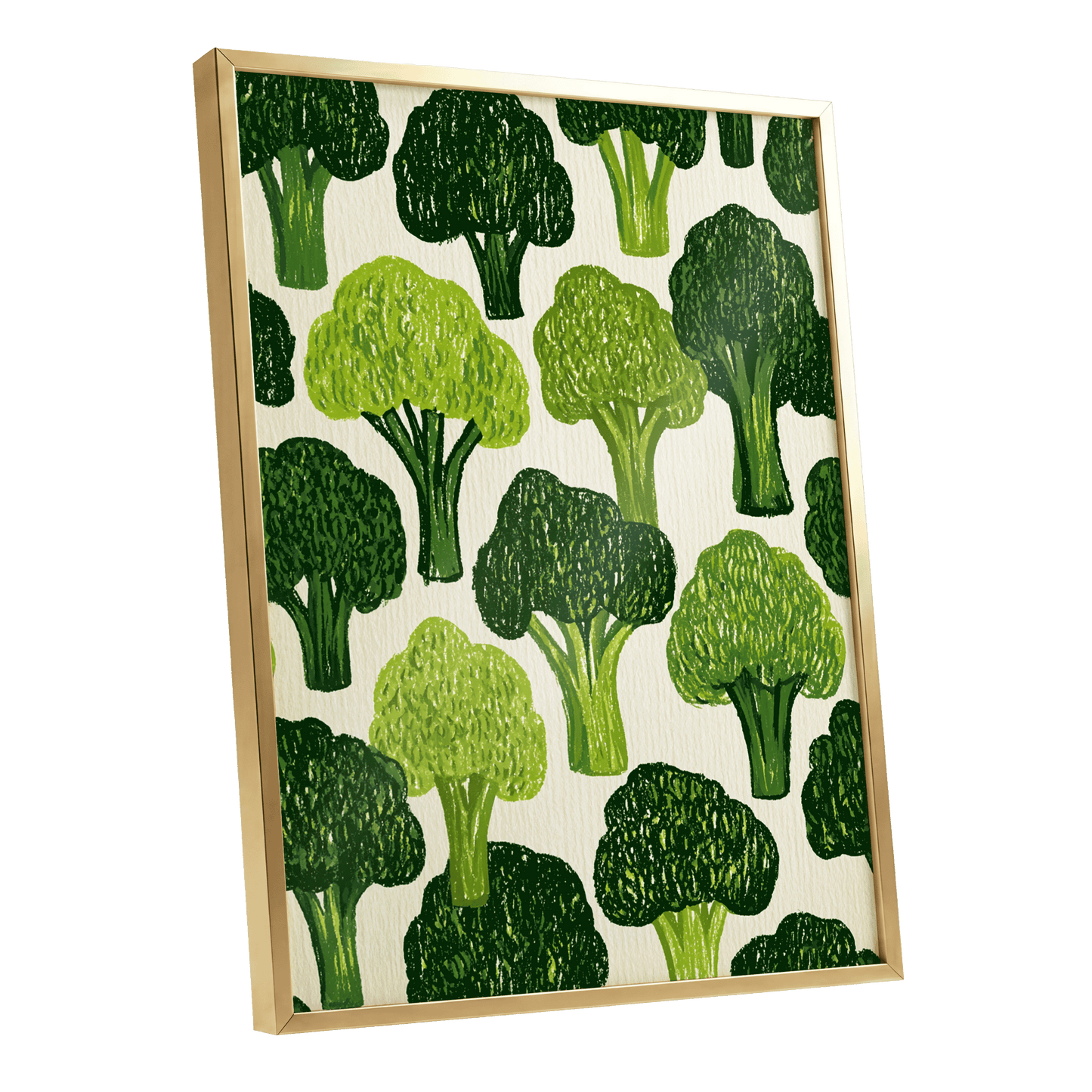 Verdant Brassica Pattern, green, beige, white nature wall art shown as a gold framed poster wall art print