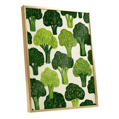 Verdant Brassica Pattern, green, beige, white nature wall art shown as a gold framed poster wall art print