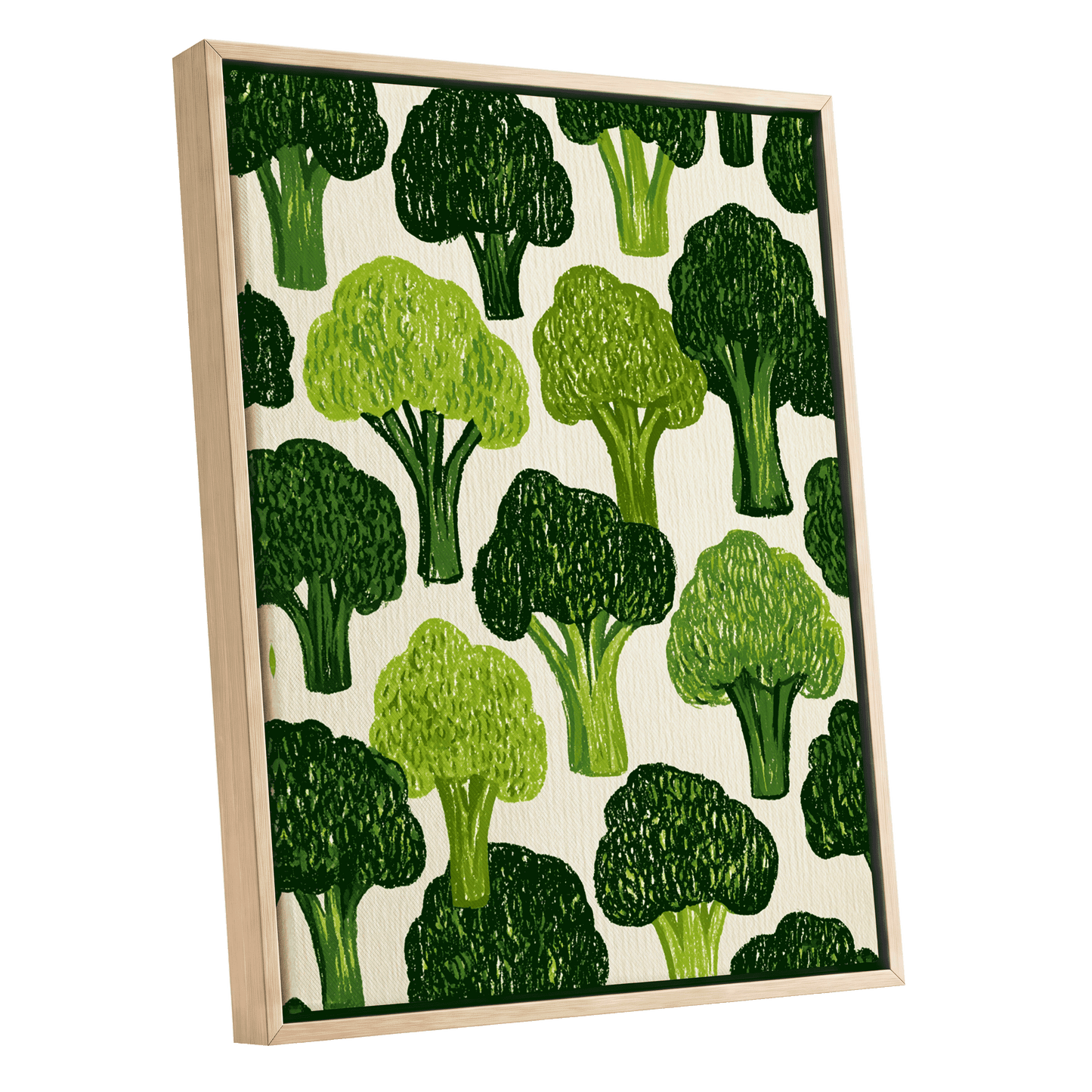 Verdant Brassica Pattern, green, beige, white nature wall art shown as a oak framed canvas wall art