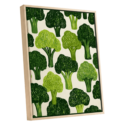Verdant Brassica Pattern, green, beige, white nature wall art shown as a oak framed canvas wall art