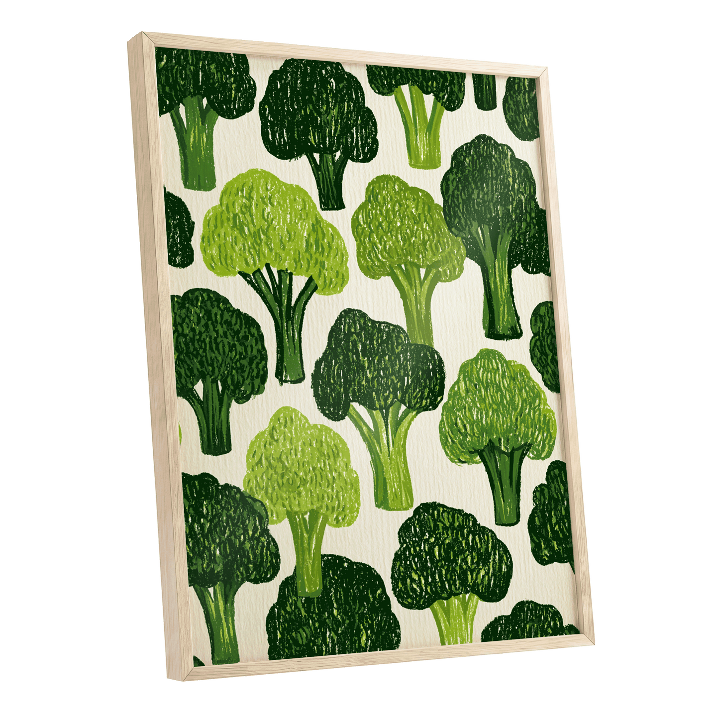 Verdant Brassica Pattern, green, beige, white nature wall art shown as a oak framed poster wall art print