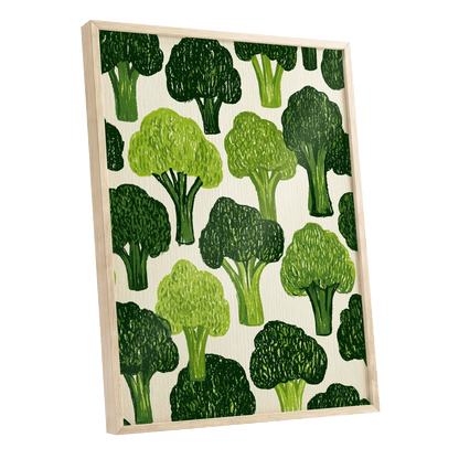 Verdant Brassica Pattern, green, beige, white nature wall art shown as a oak framed poster wall art print