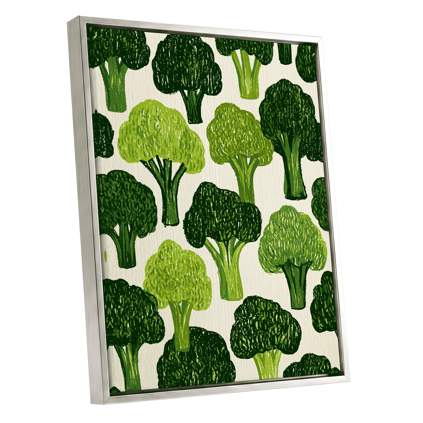 Verdant Brassica Pattern, green, beige, white nature wall art shown as a silver framed canvas wall art