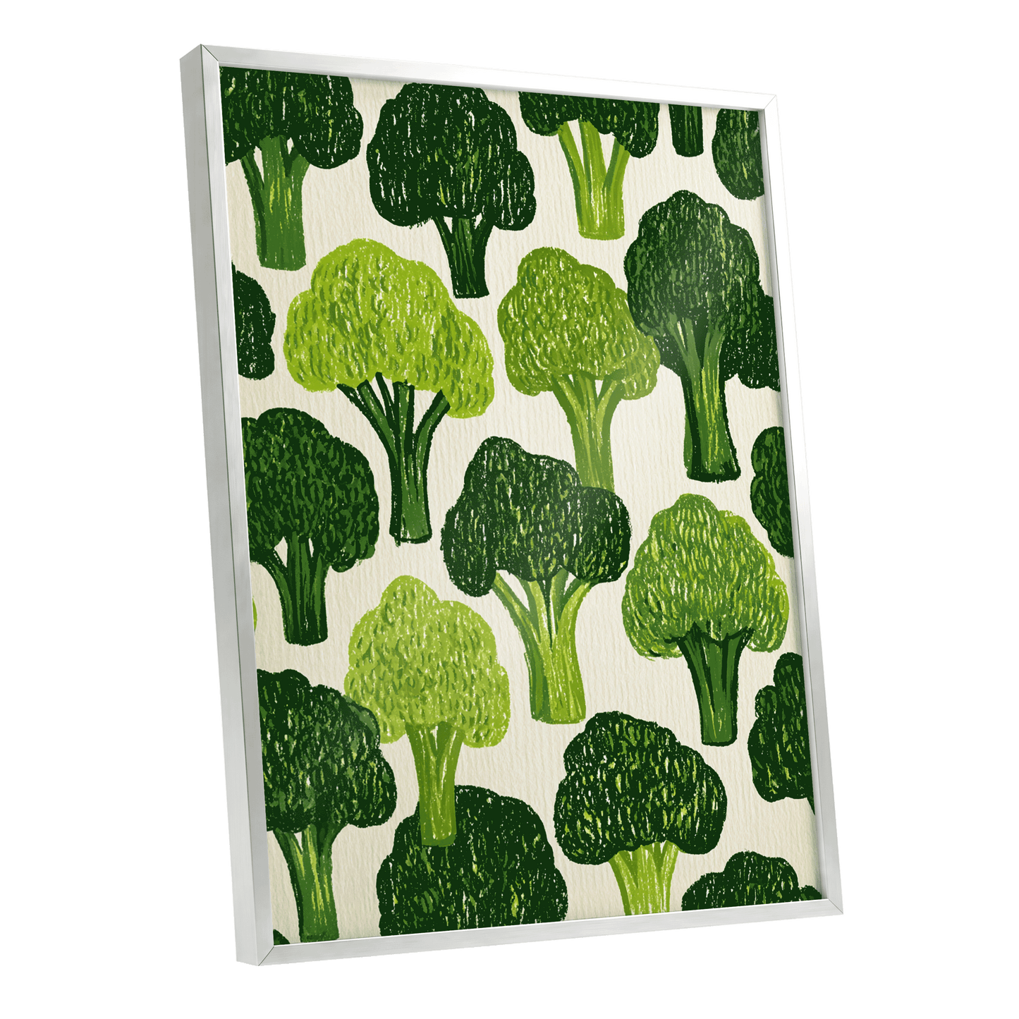Verdant Brassica Pattern, green, beige, white nature wall art shown as a silver framed poster wall art print