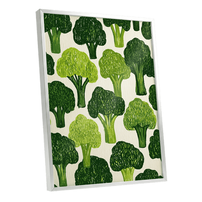 Verdant Brassica Pattern, green, beige, white nature wall art shown as a silver framed poster wall art print