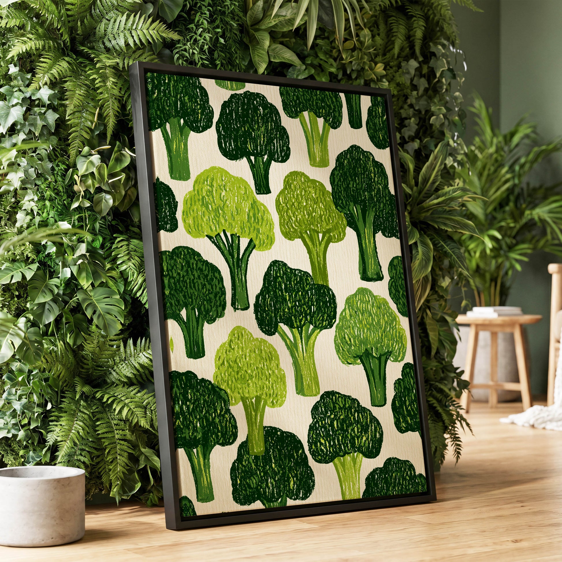 Verdant Brassica Pattern, green, beige, white nature wall art displayed in a styled interior, gallery view 1