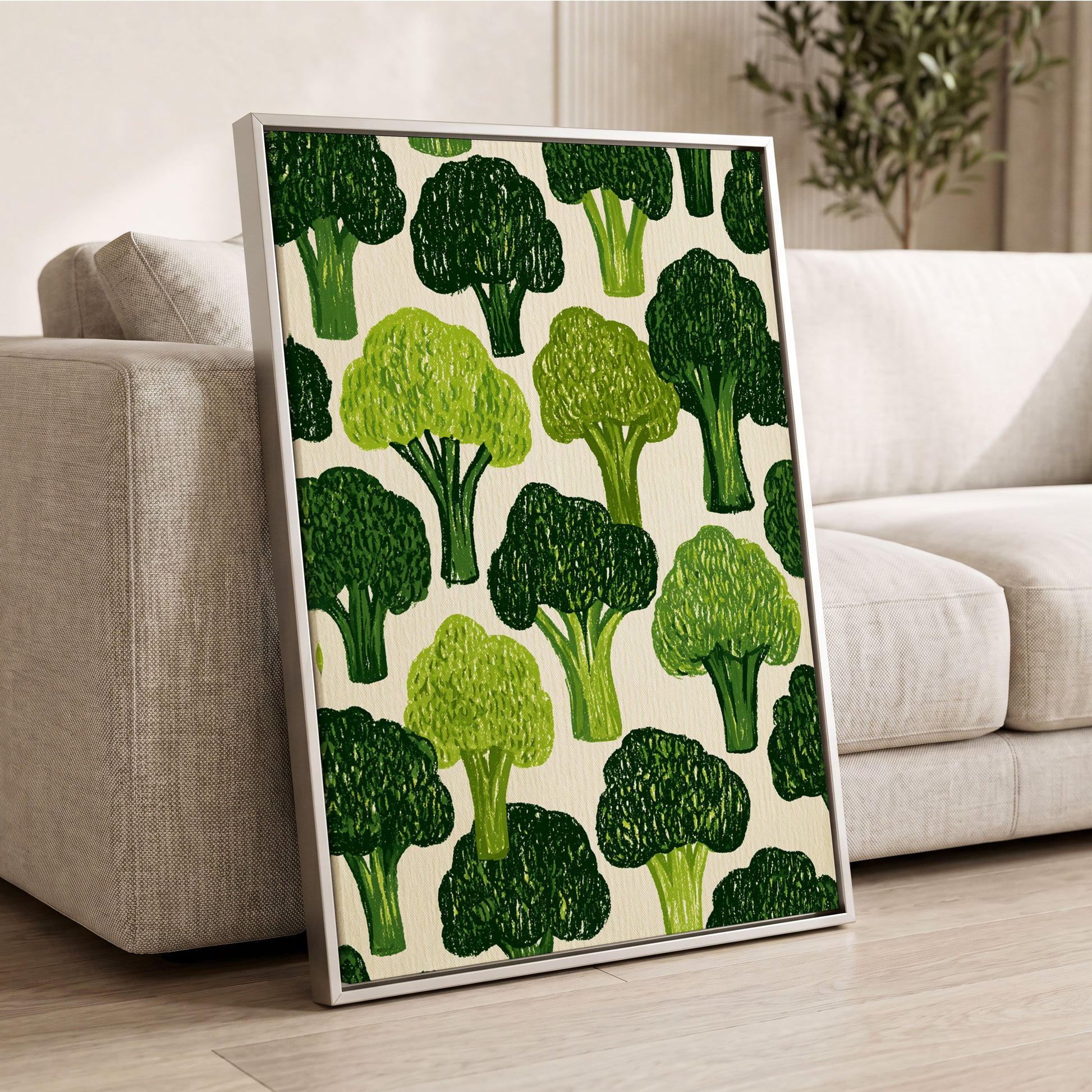 Verdant Brassica Pattern, green, beige, white nature wall art displayed in a styled interior, gallery view 2