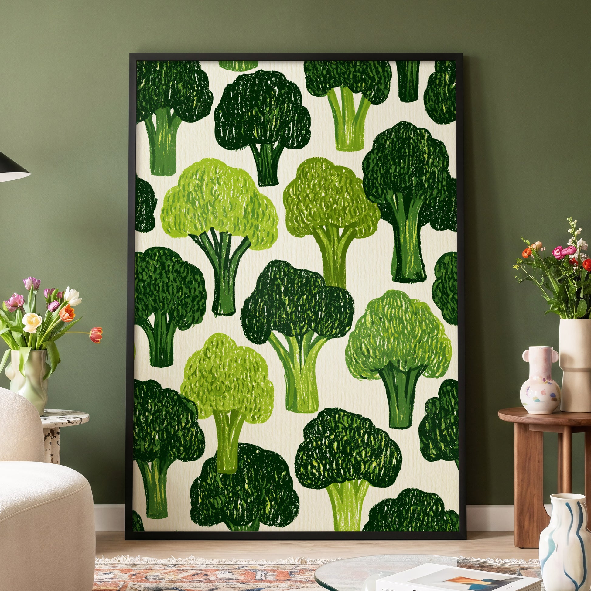 Verdant Brassica Pattern, green, beige, white nature wall art displayed in a styled interior, gallery view 4