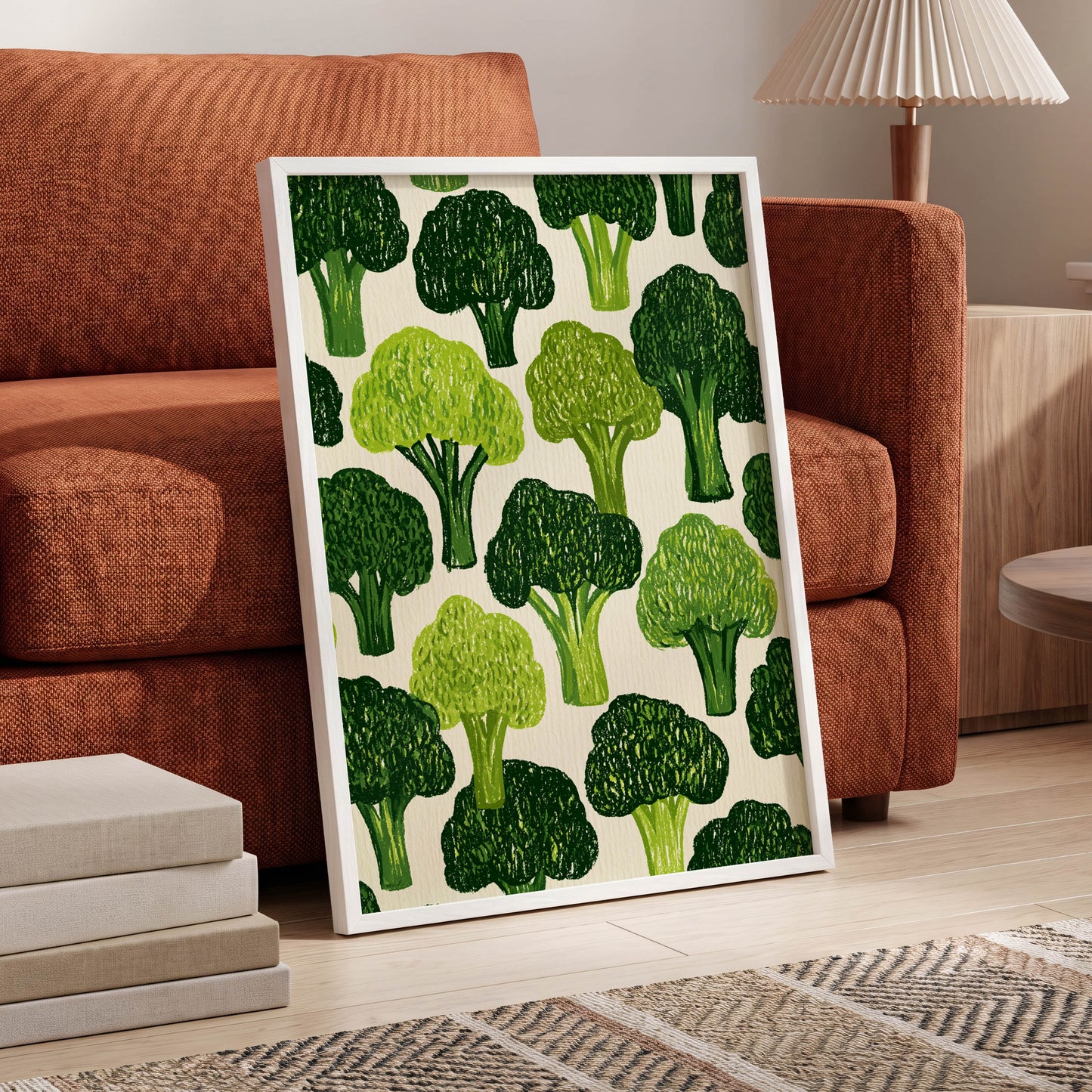Verdant Brassica Pattern, green, beige, white nature wall art displayed in a styled interior, gallery view 6