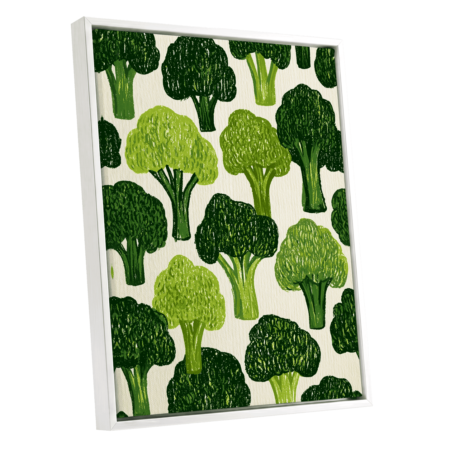 Verdant Brassica Pattern, green, beige, white nature wall art shown as a white framed canvas wall art
