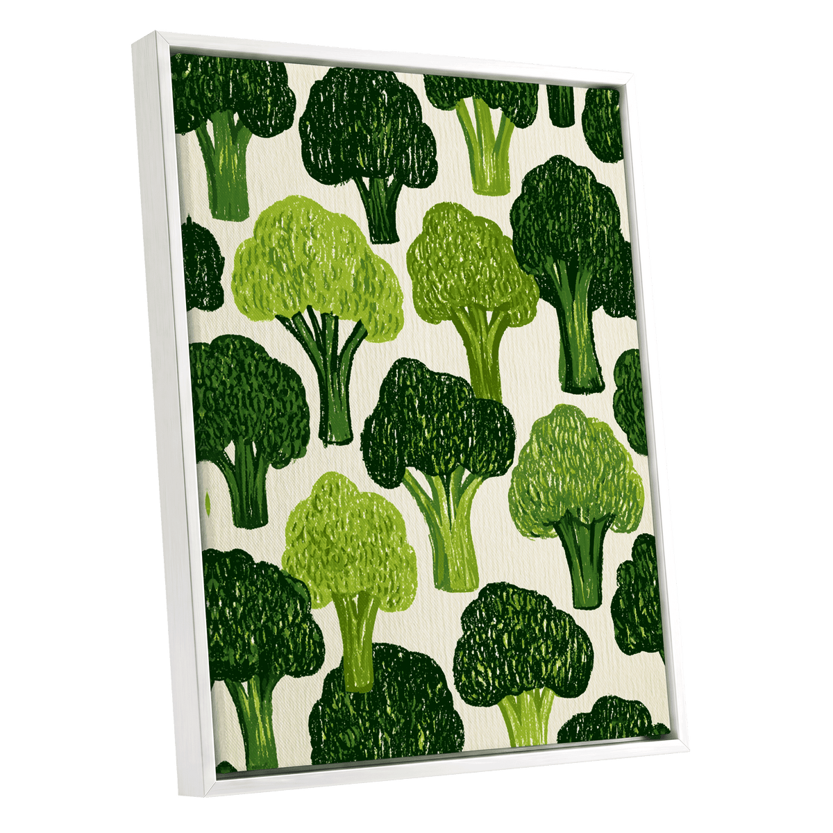 Verdant Brassica Pattern, green, beige, white nature wall art shown as a white framed canvas wall art