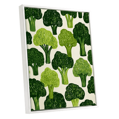 Verdant Brassica Pattern, green, beige, white nature wall art shown as a white framed canvas wall art
