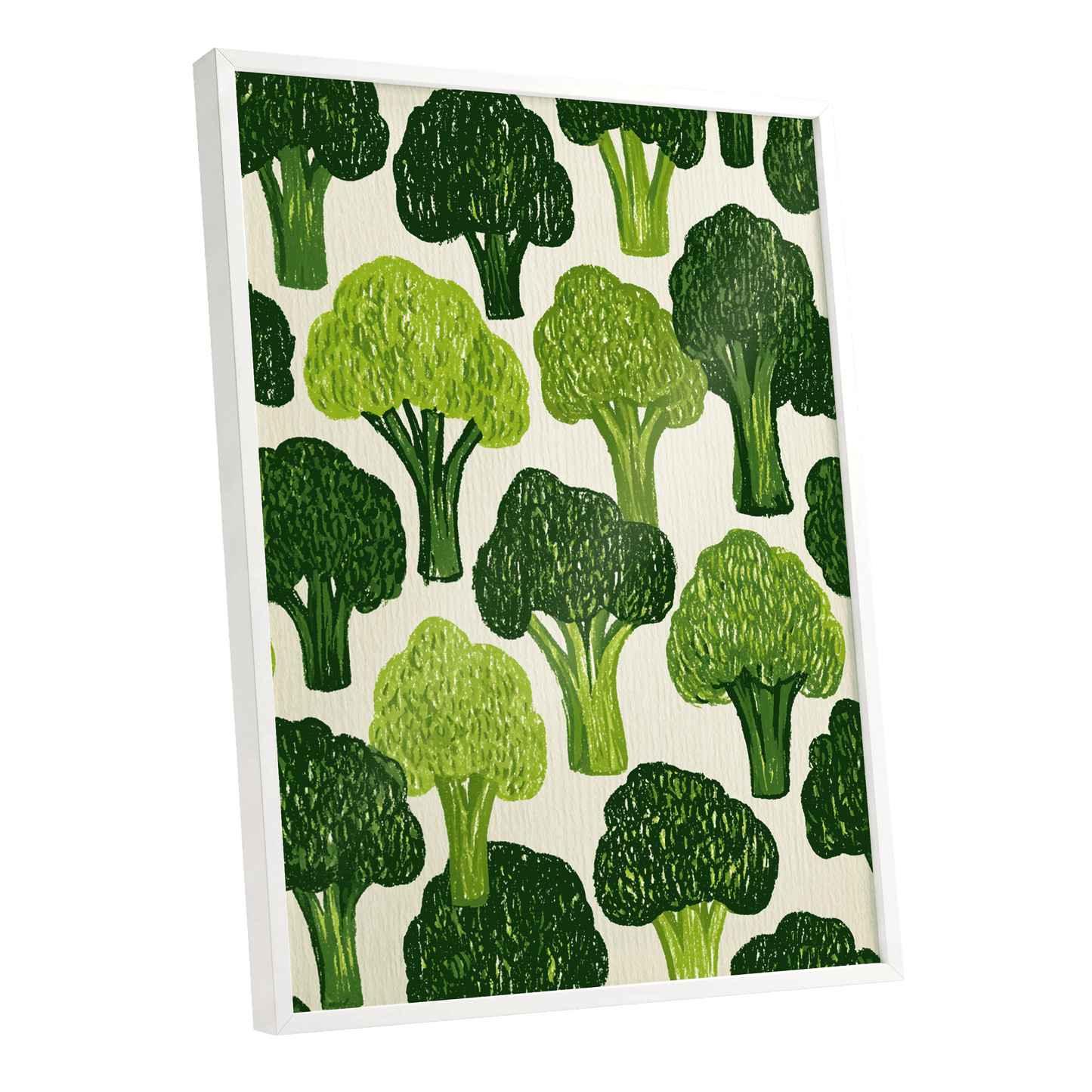 Verdant Brassica Pattern, green, beige, white nature wall art shown as a white framed poster wall art print