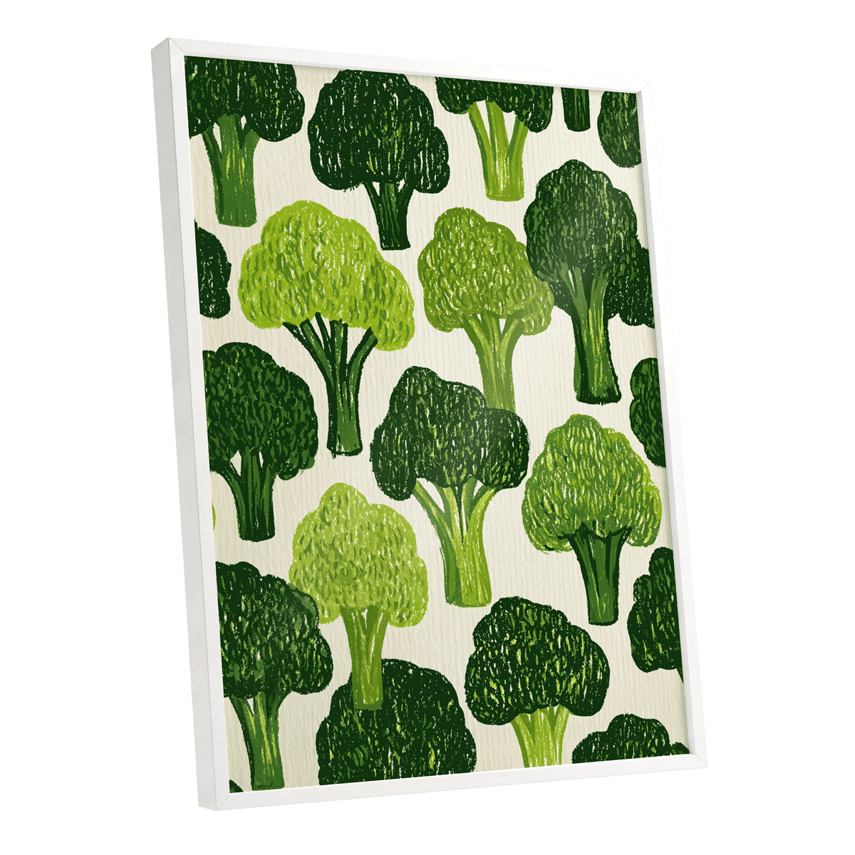 Verdant Brassica Pattern, green, beige, white nature wall art shown as a white framed poster wall art print