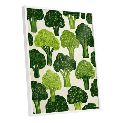 Verdant Brassica Pattern, green, beige, white nature wall art shown as a white framed poster wall art print