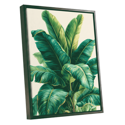 Verdant Canopy, green, blue, beige nature wall art shown as a black framed canvas wall art