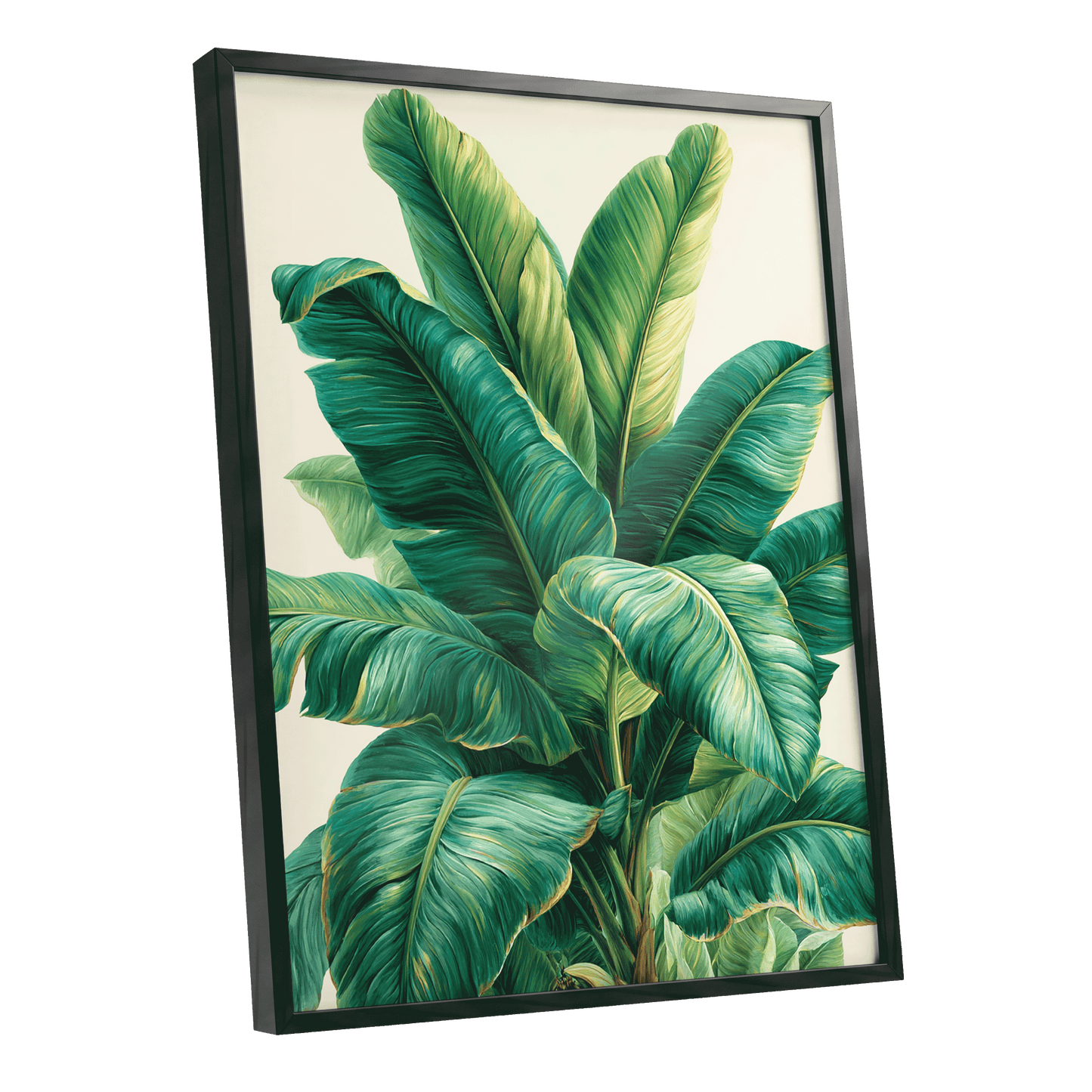 Verdant Canopy, green, blue, beige nature wall art shown as a black framed poster wall art print