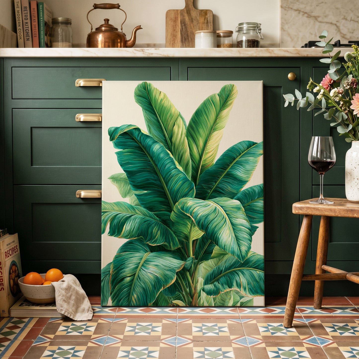 Verdant Canopy, green, blue, beige nature wall art on canvas displayed in a styled interior, gallery view 1