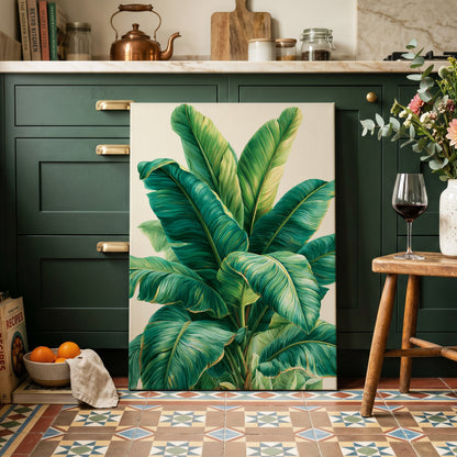 Verdant Canopy, green, blue, beige nature wall art on canvas displayed in a styled interior, gallery view 1