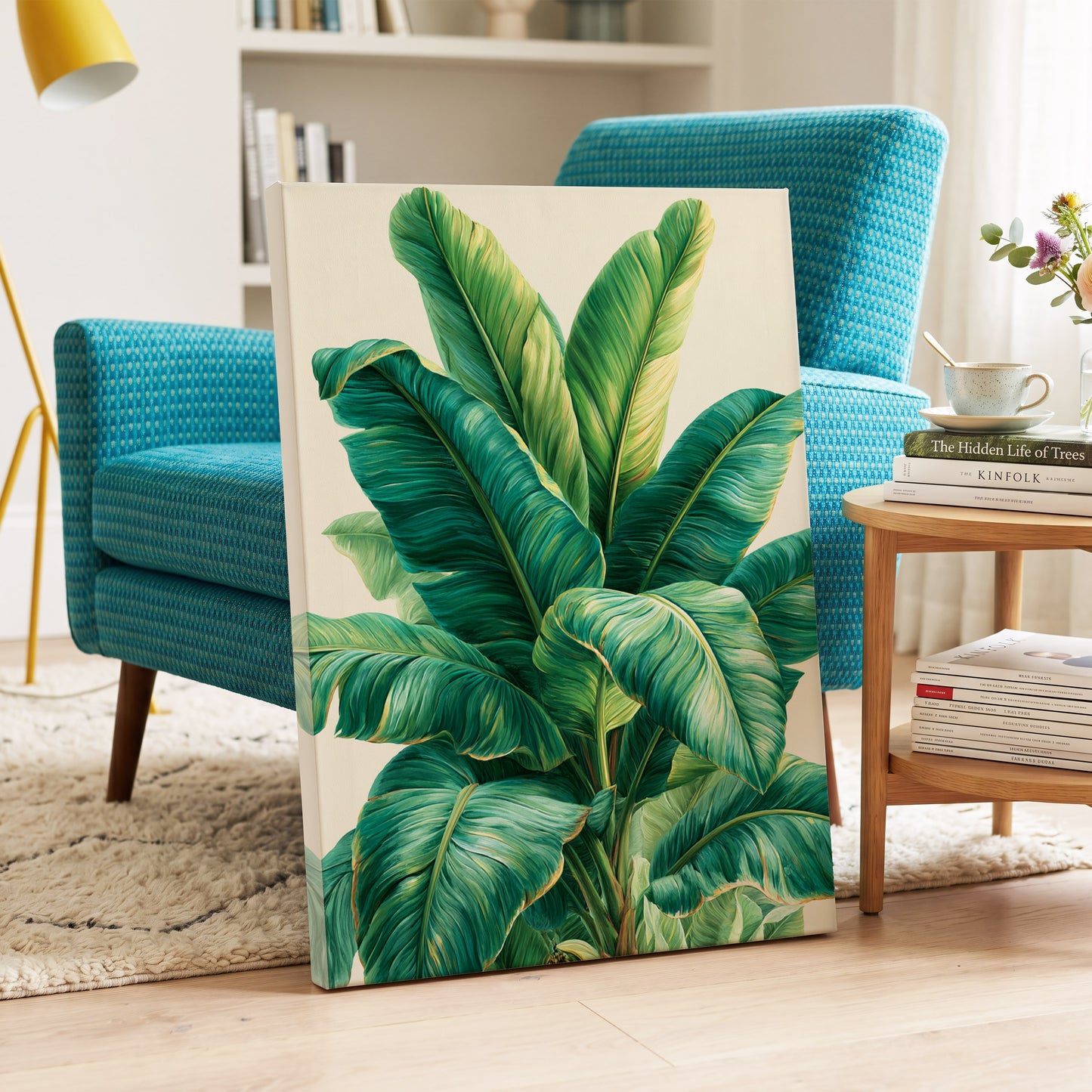 Verdant Canopy, green, blue, beige nature wall art on canvas displayed in a styled interior, gallery view 2
