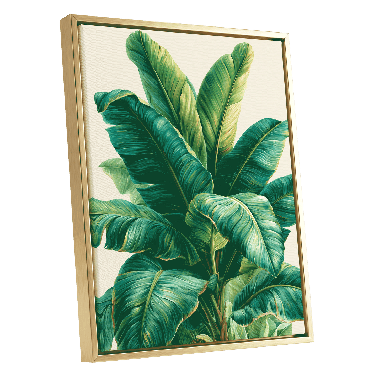Verdant Canopy, green, blue, beige nature wall art shown as a gold framed canvas wall art