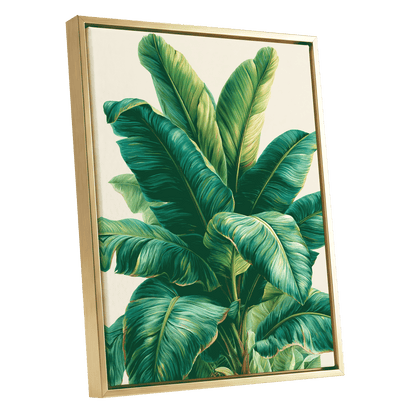 Verdant Canopy, green, blue, beige nature wall art shown as a gold framed canvas wall art